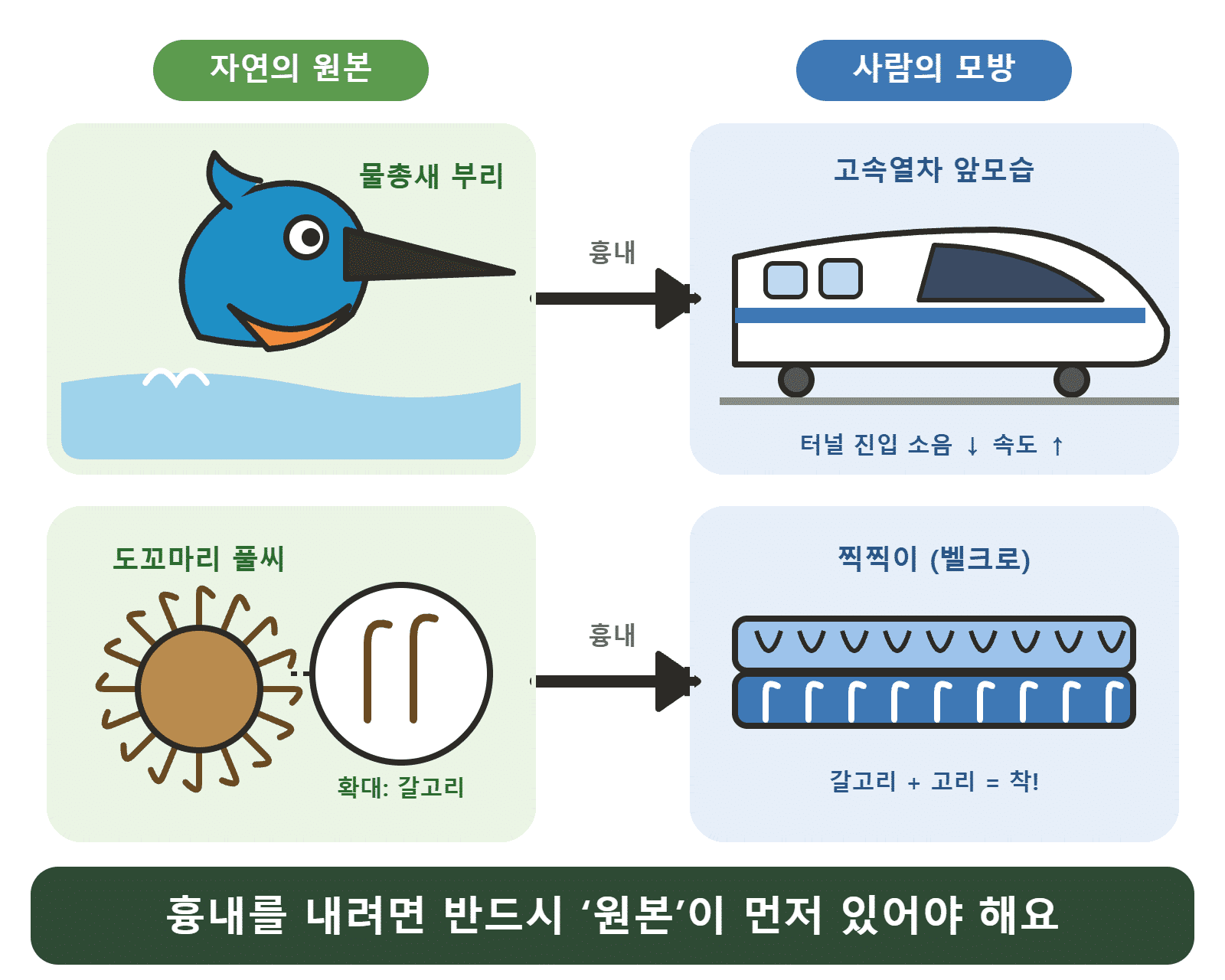 물총새 부리를 흉내 낸 고속열차, 도꼬마리 풀씨를 흉내 낸 찍찍이